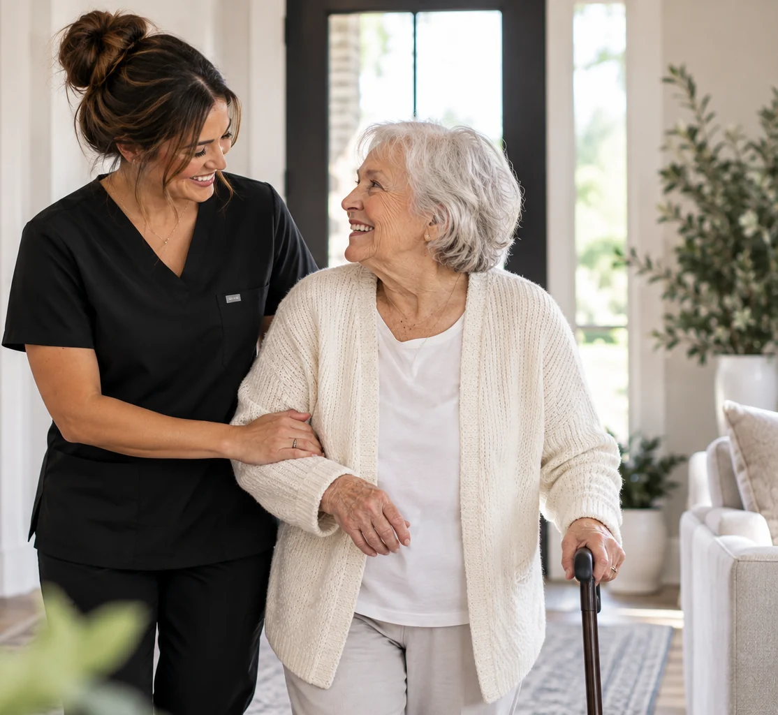 A caregiver walking arm in arm with an older woman using a cane through her living room