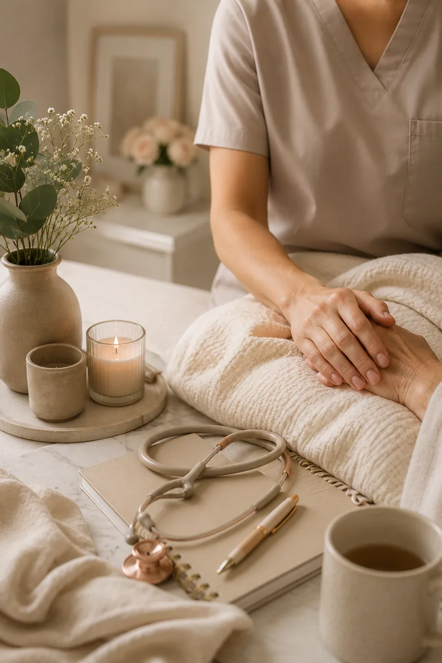 A caregiver resting a hand gently on an older client's hand at home